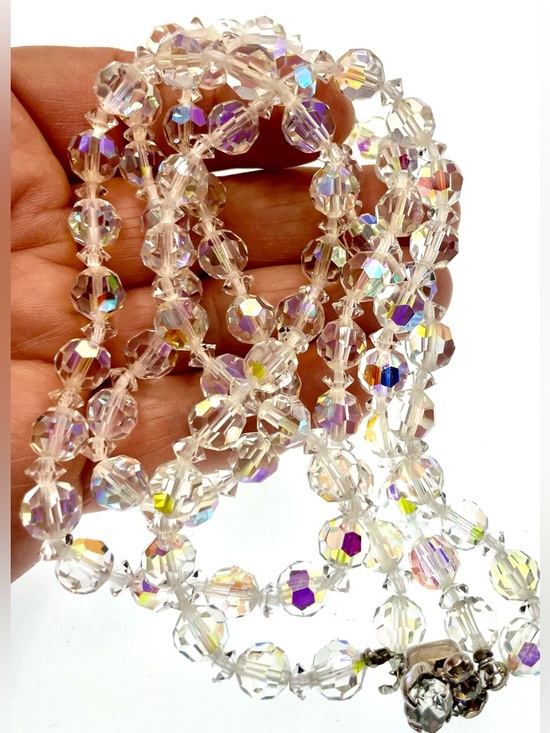 Vintage AB Crystal Double Strand Necklace Rhinestone Clasp Wedding Bridal - Picture 6 of 9